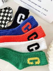 3 pares de calcetines de felpa coral para mujer, con diseños de letras y deportes, cálidos y cómodos, sin desprendimiento, aptos para dormir y usar en casa, otoño/invierno, calcetines acogedores - Multicolor - Ver 10