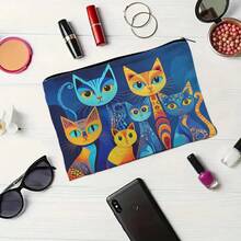 1pc Cute Cat Print Makeup Bag With Zipper Closure - Lightweight Foldable Cosmetic Organizer Pouch, Durable Travel Toiletry Bag - Portable Gift For Cat Lovers, Vibrant Color And Spacious Interior, Essential For Daily Use Or Travel, 2D Flat Design With Vivid Cat Face, Ideal For Organizing Cosmetics