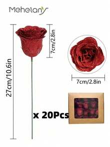 MEHELANY 20支/盒仿真红玫瑰，包含20支花茎，闪光装饰玫瑰，DIY仿真花，适用于手工制作、婚礼花束、家居桌面装饰、节日派对、情人节、母亲节、春季装饰、家居装饰、生日礼物、房间装饰、户外花园装饰 - 酒紅色 - 查看 9