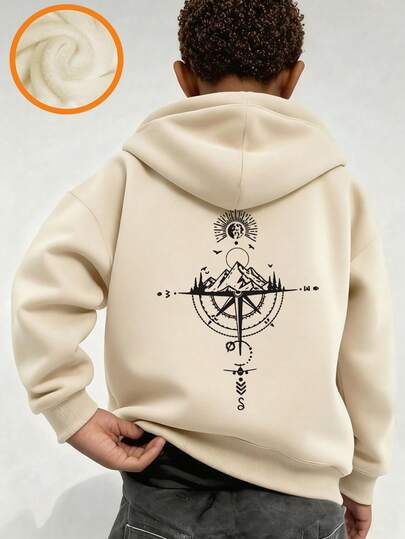 Tween Boy Novelty Print Pullover Sweatshirt, Warm & Comfortable Thermal Lined For Autumn/Winter