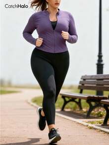 Plus Size Women Slim Fit Lightweight Sports Jacket, With Thumb Hole, Purple, Funnel Neck, Suitable For Yoga, Gym, Running, Cycling, Daily Wear Spring - Elderberry - Xem 10