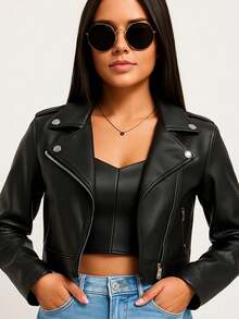 Women's Biker Jacket In Faux Leather – Style And Attitude - 黑色皮革 1 - 查看 7