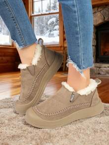 女士冬季鞋履，厚底雪地靴，套脚式户外保暖内衬靴