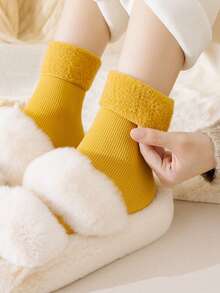 3 Pairs Women's Solid Color Thermal Lined Warm Snow Socks, Comfortable Breathable Crew Socks For Autumn/Winter, Cozy Socks