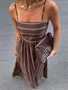 条纹优雅休闲派对露背系带连衣裙，海滩度假装，春夏款 - 彩色 - 查看 1