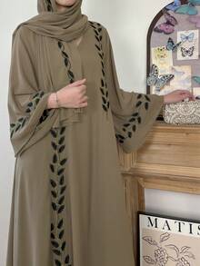 2pcs/Set Fashionable Feather Embroidered Abaya Robe, Casual For Party And Gathering, Elegant Long Robe With Headscarf - Brown - View 5