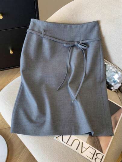 2025 New Elegant Gray Suit Skirt, High Waist Tie-Up A-Line Skirt, Versatile For Work Commute, Summer
