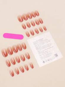 30片杏仁色/渐变红色短款亚克力美甲贴纸套装，包含1瓶甲油胶和1把指甲锉，适合女性日常工作、学习、秋冬季聚会，也适合派对、节日和日常使用。 - 彩色 - 查看 2