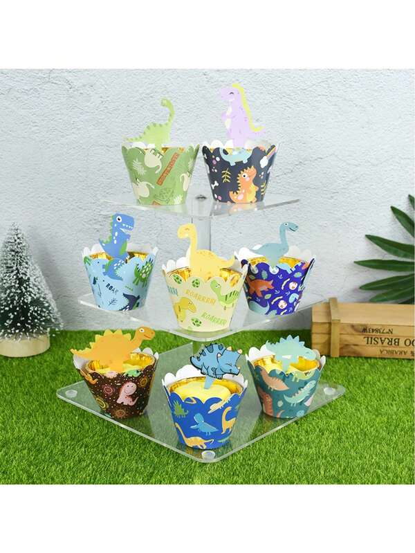 12pcs/Set Dinosaur Party Cupcake Toppers Dinosaur Birthday Party Supplies Cupcake Wrappers Dino Theme Wedding New Year Party Decorations