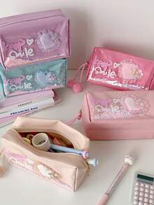 1个甜美少女闪亮粉色爱心化妆包 学生高级美妆文具笔袋 便携式洗手间收纳袋 - 彩色 - 查看 5