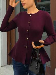 Cárdigan de punto de cuello redondo de unicolor para mujer, de manga larga, para otoño e invierno. El bajo con volantes le da un toque de elegancia y estilo. Este sofisticado y elegante suéter es perfecto para sesiones de fotos, uso diario o simplemente para dar un paseo.