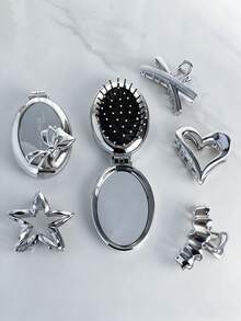 2pcs/Set Foldable Comb & Hair Clip Combo Set, Minimalist High-End Oval Air Cushion Comb With Electroplated Silver Design, Portable Foldable Comb, Cute Bow Hair Clip, Star/Wave/Heart Shaped Hair Clips, Ponytail Clips, Suitable For Students And Women, Great Gift ,Hair Styling Kit ,Hair Tool Kit