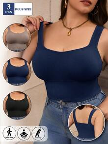 QIW 3 pièces/set Soutien-gorge de sport grande taille pour femmes, sans fil avec coussinets amovibles, convient pour la randonnée, le yoga - Multicolore - Voir 2