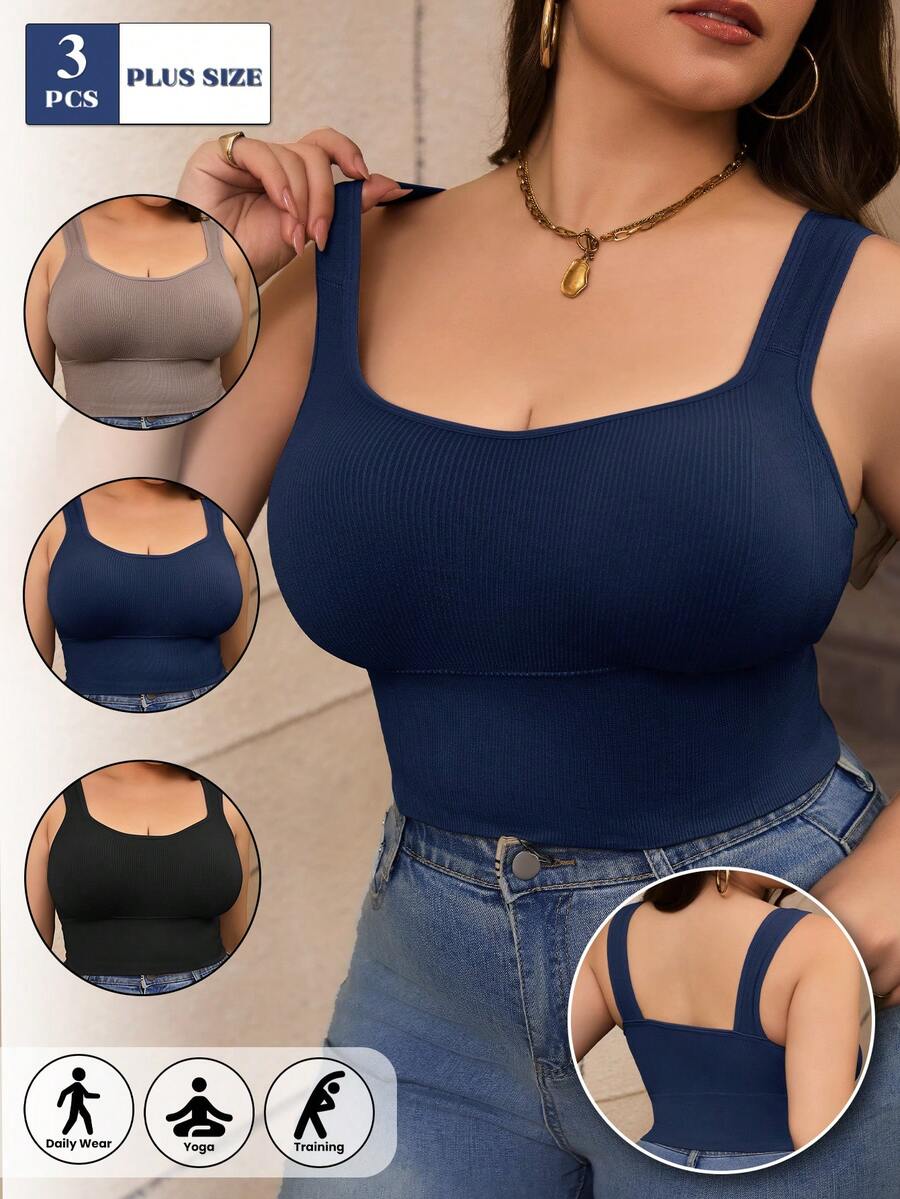 QIW 3 pièces/set Soutien-gorge de sport grande taille pour femmes, sans fil avec coussinets amovibles, convient pour la randonnée, le yoga