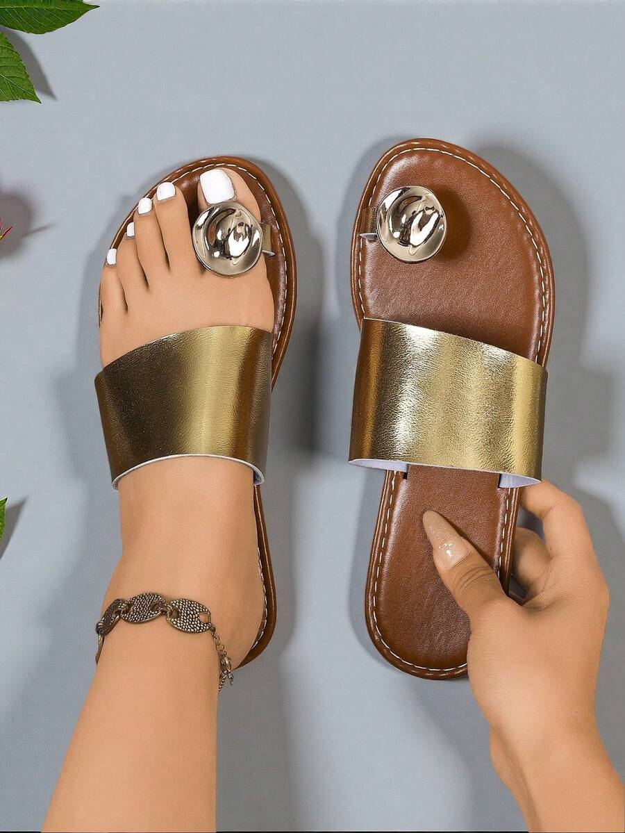 Sandalias planas para mujer con puntera de concha metálica, zapatos planos de unicolor antideslizantes, diseño de arco de piel de PU para uso casual, playa, fiesta y vacaciones