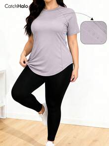 Plus Size Stretchy Workout Top - Round Neck Short Sleeve, Curved Hemline, Skin-Friendly Fabric, Super Elastic, Non-Restrictive, Quick-Dry Shaping, Suitable For Gym, Yoga, Casual Wear, All Seasons, Women's Fitted Sports Top - Mauve Purple - View 7