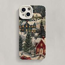 Feliz Navidad, felices fiestas, casa de nieve de invierno, deseos más cálidos, funda de teléfono a prueba de golpes, funda protectora de móvil de TPU moderna y duradera, compatible con iPhone 11/12/13/14/15/16 Pro Plus Pro Max Carcasa personalizada con estampado Funda con impresión HD - Blanco antiguo - Ver 1