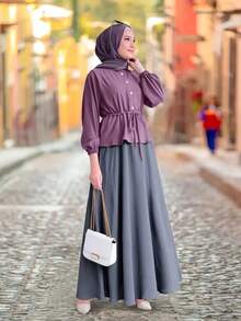新款穆斯林女士斋月领口单扣收腰长裙套装，上衣+裙子两件套，不含头巾 - 淺灰紫 - 查看 6