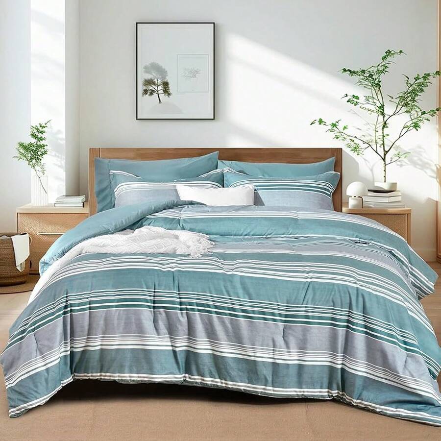 Pieces Comforter Set, Striped Bed In A Bag, Charcoal Stripe Bedding, 18 Deep Pocket All Season, Ultra Soft Bedding Sets With Comforter, Sheets, Pillowcases & Shams, Luxury Cozy Bedding Very Beautiful PKZD - 霧霾藍 - 查看 1