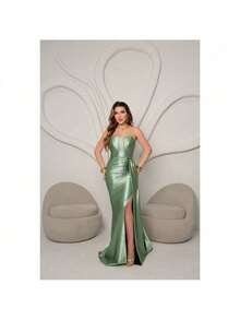 Elegant And Sexy Strapless Maxi Party Dress With Side Slit And Back Tie. Ideal For Bridesmaids/Smart Casual Attire/Wedding Guests/Graduates/Formal Occasions. - 薄荷綠 - 查看 1