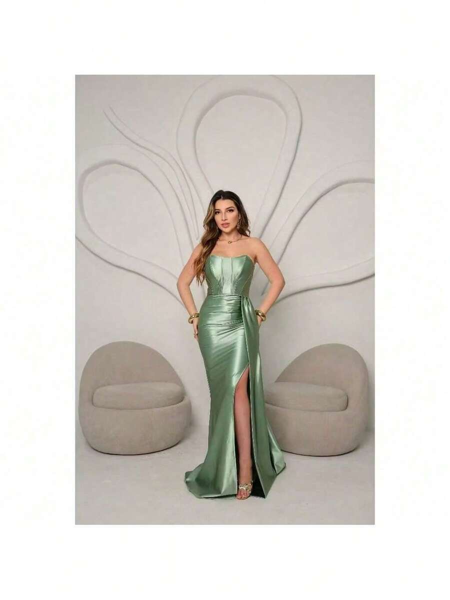 Elegant And Sexy Strapless Maxi Party Dress With Side Slit And Back Tie. Ideal For Bridesmaids/Smart Casual Attire/Wedding Guests/Graduates/Formal Occasions. - 薄荷綠 - 查看 1