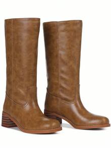 Knee High Boots Square Toe Chunky Block Heel Long Boots For Women Comfortable Low Heel Womens Boots - màu nâu - Xem 5
