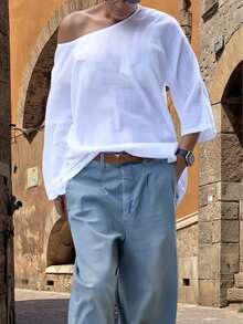 Christmas Minimalist White Cold Shoulder Loose Fit Long Sleeve Solid Color Casual T-Shirt Top, Essential Autumn/Winter Piece - White - View 5