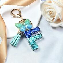 JINGUAZI Initial Letter Keychains For Women Tassel Butterfly Pink Purple Cute Car Keychain For Wallet Backpack Bag Charm{Inchcolor_nameinch:InchF-BlueGreeninch} - F-biruHijau - View 4