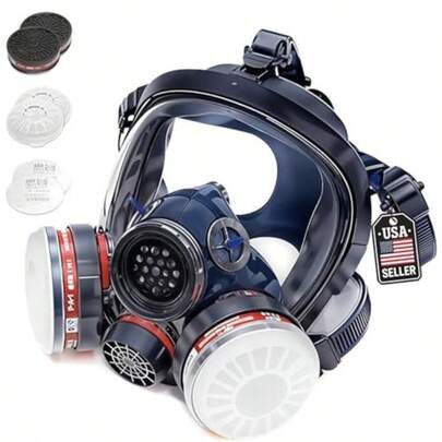 Full Face Organic Vapor Respirator - Protective Eye And Nose Shield With Anti-Fog Heavy Duty Lens And Adjustable - Chemical And Particulate Respirator. Includes 2 Filter Cartridges - Industrial Grade