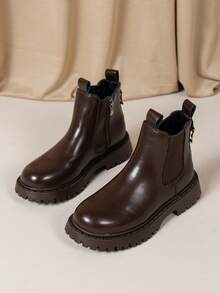 女童保暖内衬踝靴，休闲仿毛皮短靴，学院风拉链平底皮靴，简约儿童踝靴，适合秋冬季穿着 - 棕色 - 查看 2