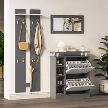 Wandgarderobe-Set 80 x 25 x 96,5 cm, inkl. Spiegel, 2 Wandpaneels, eine Regalwand und ein Schuhschrank, Korpus anthrazitgrau matt, Flurmöbel, Flurtrockenständer, Flurgarderobe, Schuhwechsler-Set,