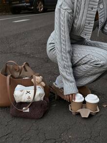 1件休闲针织裤，纯色提花喇叭褶裥腰长款针织裤，适合秋冬季、返校季、各种场合、春夏季、波西米亚风、音乐节、婚礼季 - 灰色 - 查看 6