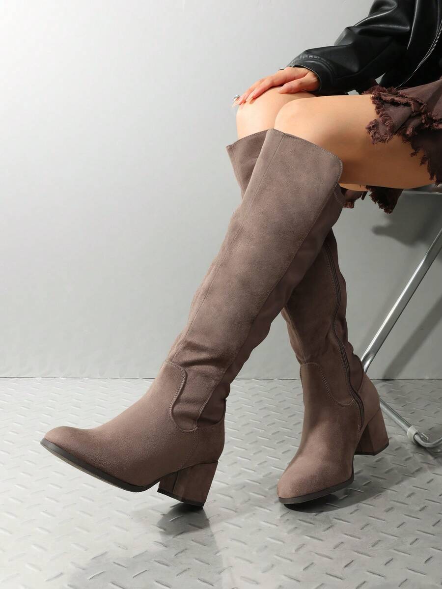 Women's Knee High Stretchy Fashion Boots Round Toe Chunky Heel Fashionable Classic Boots