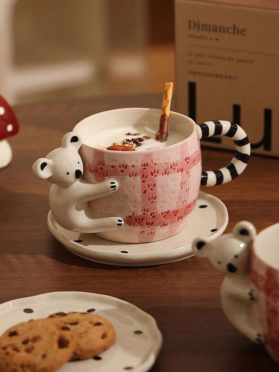 1 buc (ceașcă + farfurie) Set de ceașcă de cafea și farfurie din ceramică vintage, lucrate manual, cu motive koala drăguțe în relief 3D, ceașcă de latte pictată manual, sub glazură - Multicolor - Vizualizare 1