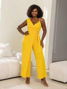 Plus Size Deep V-Neck Jumpsuit, Wide Leg Cut, Suitable For Casual Gatherings, Street Style And Daily Wear - Yellow - View 2
