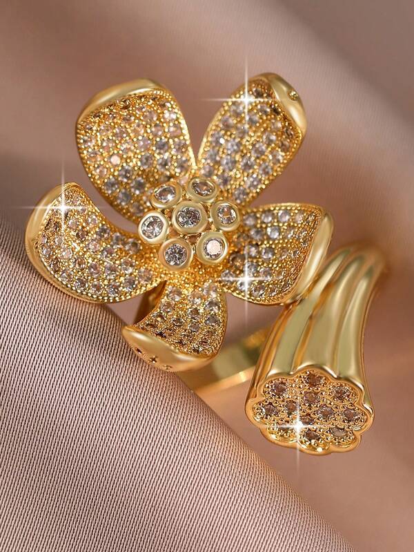 1 pieza Anillo de flor de loto de lujo y retro con circonita cúbica para mujer, exageración 3D, adecuado para banquetes, bailes de graduación, fiestas y accesorios de joyería para festivales