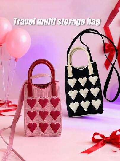 1件装女士旅行收纳包，心形针织手提包，口红袋，多功能斜挎包，简约风格便携收纳包，手机斜挎包，小手提包，情人节礼物，节日派对礼品
