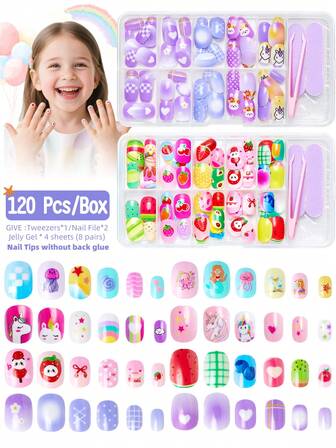 1 pieza Juego de arte de uñas para niños con degradado de colores, uñas postizas de dibujos animados para niñas, puntas de uñas de cobertura completa con patrón de arcoíris lindo, adecuado como regalo de fiesta de cumpleaños para niñas, decoración de arte de uñas