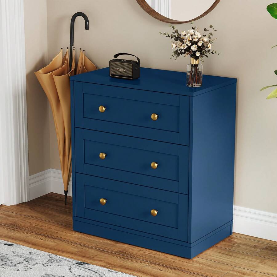 3-Drawer Nightstand, Modern Wooden Bedside Table With Gold Round Knobs, Elegant Accent Chest For Bedroom, Living Room, Hallway, Or Closet - 藍色 - 查看 1