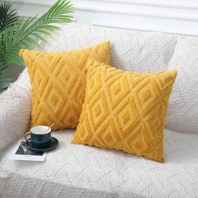 2Pcs Soft Faux Fur Throw Pillow Covers 18x18 Plush Short Wool Velvet Decorative Pillow Covers Couch Sofa Pillow Covers For Living Room With 3D Diamond Pattern Mustard Yellow