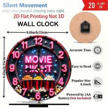 1pc 9. 8-Inch Silent Non-Luminous Wall Clock - Movie Night Theme With Neon Text & Popcorn Design, Artificial Wood Quartz Battery Operated (AA Not Included) For Living Room, Bedroom, Home Theater Decor, Bedroom Timepiece, Small Wall Clock For Living Room, 2D Flat - Wooden Wall Clock - View 8