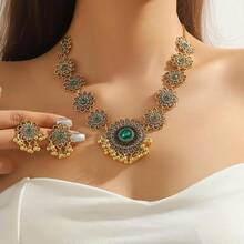 Bollywood Jewelry Sets Women Wedding Party Jewelry Flower Tassel Beaded Dangle Earring Oxidized Choker Necklace Gold-Tone Plated Zirconia Jhumkas Chandelier Earrings Boho Jewelry - 綠色 - 查看 4