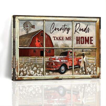 1pc Wooden Framed Canvas Painting Red Truck And Red Barn Canvas Wall Art Truck Farmhouse Painting Country Wall Decor Framed Posters Home For Living Room Bedroom Bathroom Decoration Giclee Canvas Prints Wall Decor Gallery Wrapped Artwork Gift(Out Of The Box)