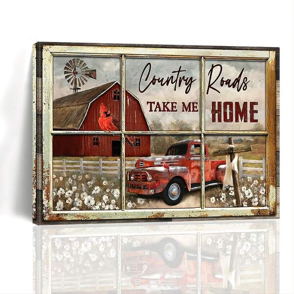 1pc Wooden Framed Canvas Painting Red Truck And Red Barn Canvas Wall Art Truck Farmhouse Painting Country Wall Decor Framed Posters Home For Living Room Bedroom Bathroom Decoration Giclee Canvas Prints Wall Decor Gallery Wrapped Artwork Gift(Out Of The Box)