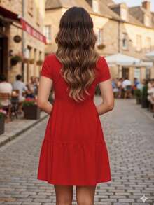 Vestido Corto Campesino de Corte Holgado con 2 Holanes de Manga Corta para Mujer - Rojo - Ver 2