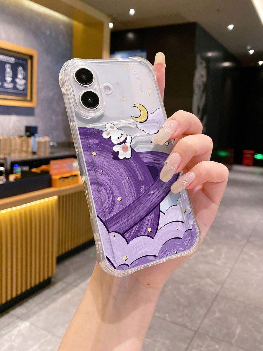 1 Stück weißer Hase & Mond Muster stoßfeste TPU Handyhülle, süßes Hasen Design, geeignet für iPhone, OPPO, usw.