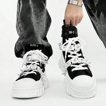 SLnU3 3pcs Men's Fashionable Thick Sole Elevated Motorcycle Boots, Punk Street Preppy Casual Style, Personalized Accessories Decoration, Interchangeable, Metal Eyelets Lace-Up Side Zipper, Simple Design Suitable For Outdoor All Seasons Versatile - Black and White - View 4