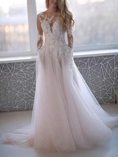 Elegant Romantic Boho Long Sleeves Lace Appliqués Tulle Wedding Dress Registration,Evening Party Dress Birthday Party Dress,Romantic Church Ceremony Wedding Dress,Suitable For Wedding,Dating,Party,Singles' Party,Vacation,Formal Occasions,Dinner Dress,Prom Dress,Homecoming Dress,Cocktail Party,Wedding Guest Dress,Graduation