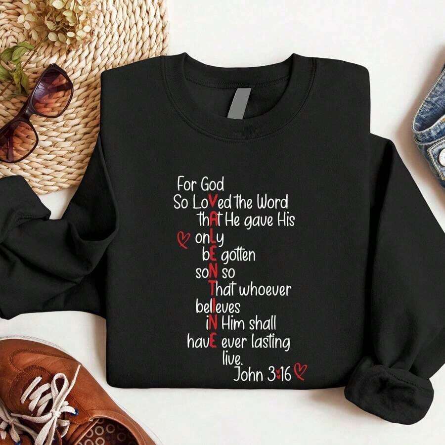 Hoodies For WomenFor God So Loved The World Sweatshirt, Christian Valentine Sweatshirt, Religious Valentines Day Sweatshirt, Gift For Her, Faith Sweatshirt. UA-985Loose And Comfortableed Hardy Clothes Tops - màu đen - Xem 1
