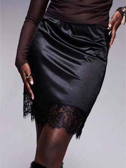 Women's Cute Satin Slip Skirt High Elastic Waist Lace Patchwork Silky Underskirt Stylish Summer Low Rise A-Line Half Skirts Going Out Club Skirts